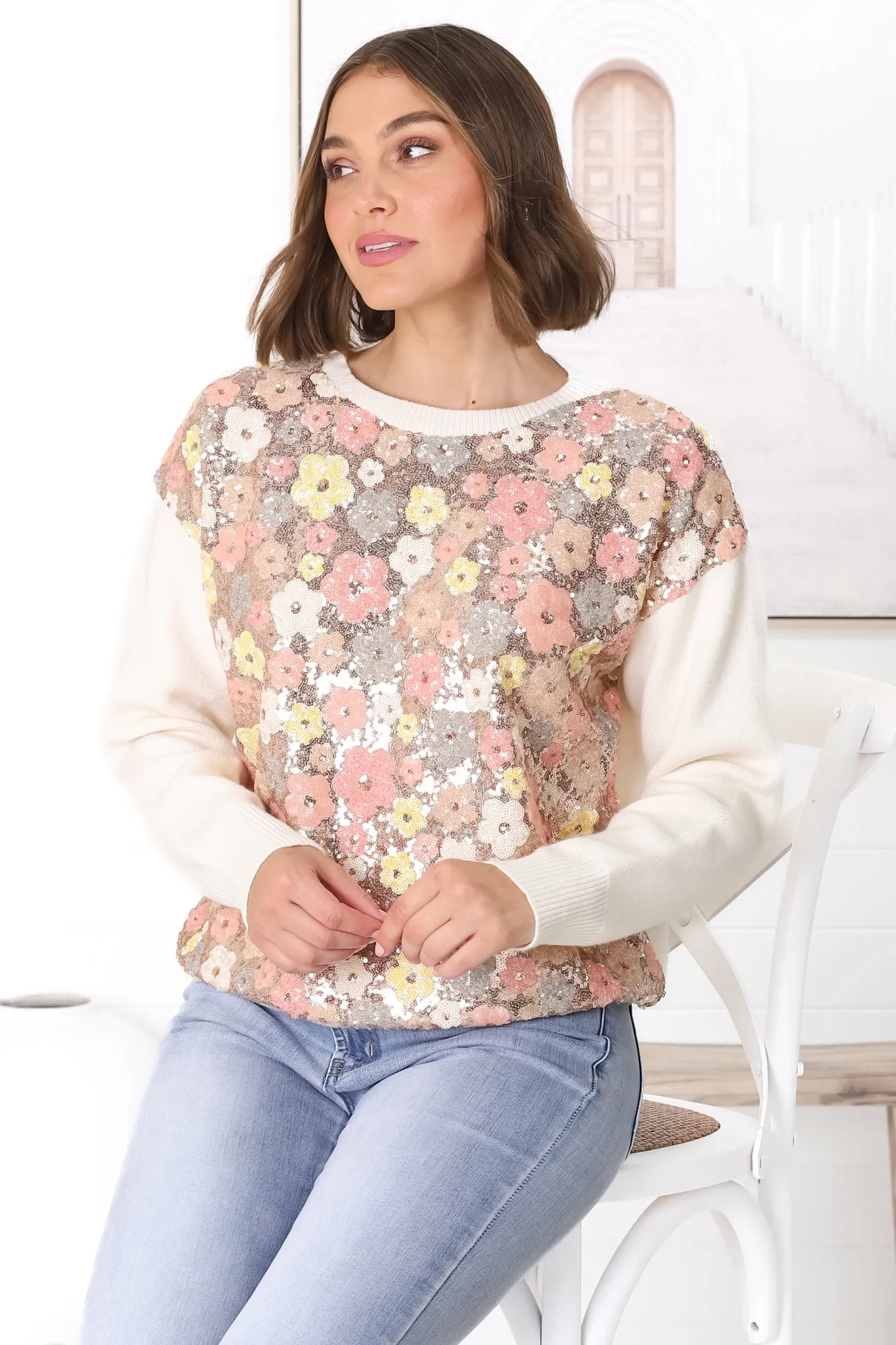 Poppet Jumper - Sequin Flower Decal Jumper in Cream sold by Salty Crush