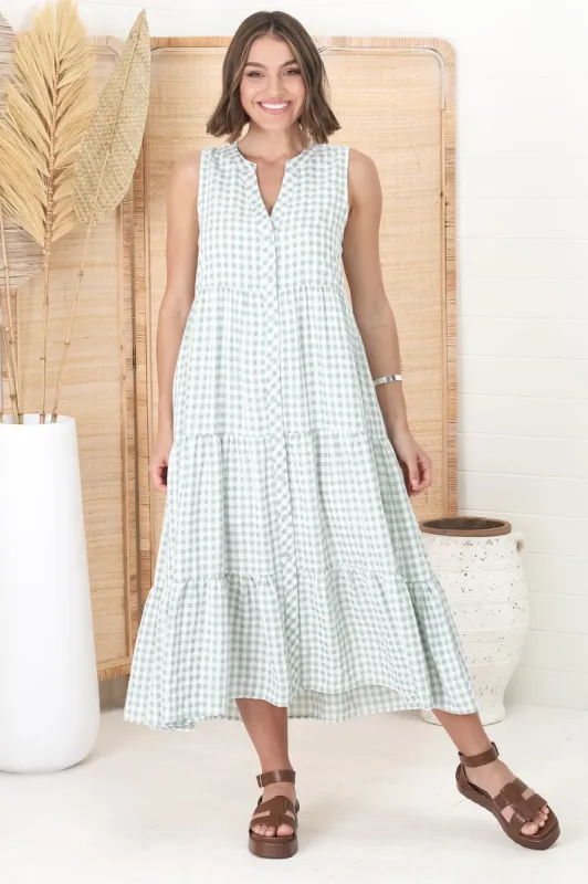 Acelle Midi Dress - Sleeveless Bermuda Collar Button Down Gingham Dress in Green sold by Salty Crush