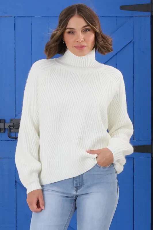 Karlie Jumper - Turtle Neck Ribbed Pattern Knit Jumper in Off White sold by Salty Crush