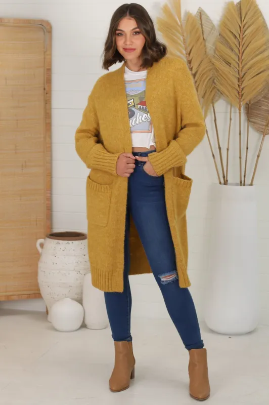 Kartika Cardigan - Long Ribbed Cuff and Hem Cardigan with Pockets in Mustard sold by Salty Crush