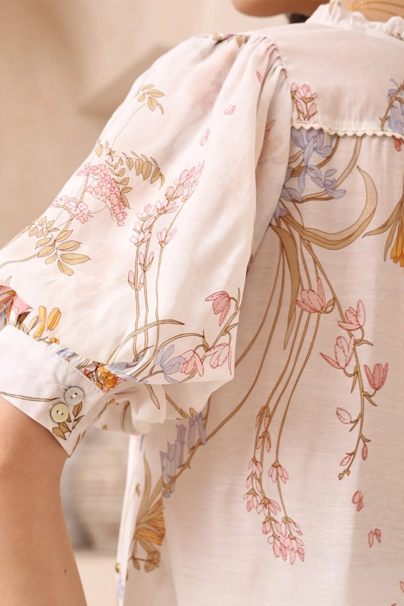 Acacia Blouse - Button Down Short Balloon Sleeve Shirt with Buttoned Cuffs in Sheree Print sold by Salty Crush product image thumbnail 5