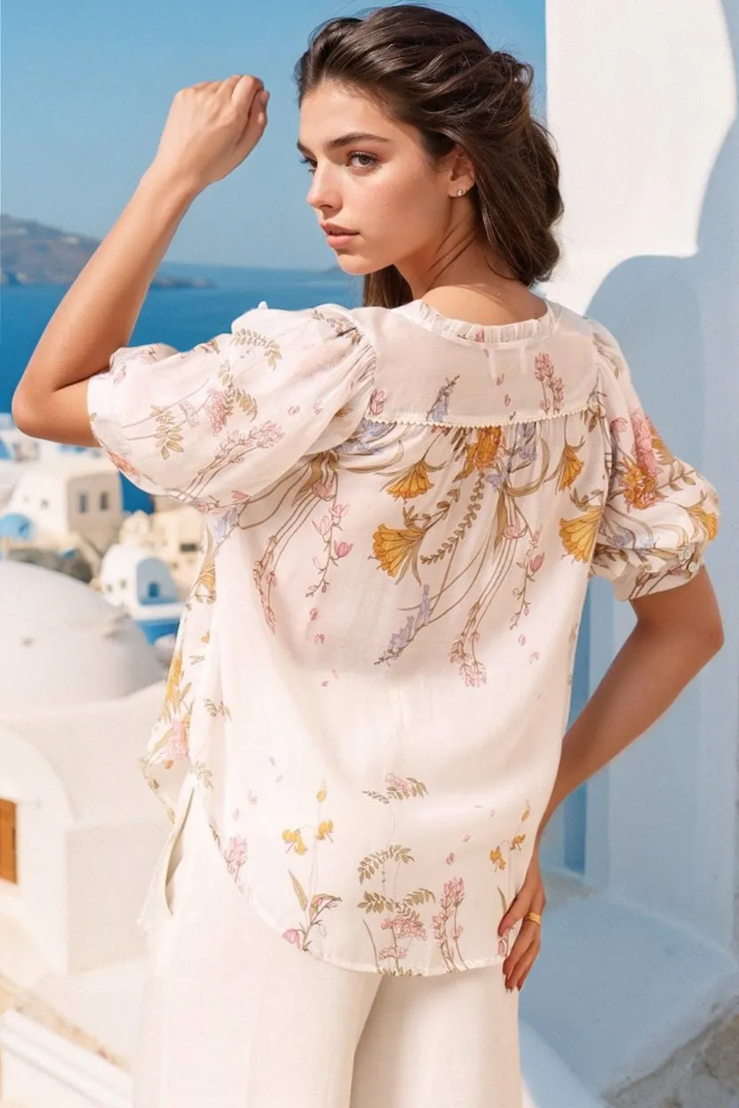 Acacia Blouse - Button Down Short Balloon Sleeve Shirt with Buttoned Cuffs in Sheree Print sold by Salty Crush product image thumbnail 4