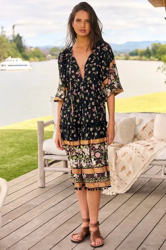 JAASE - Palace Midi Dress: Pom Pom Spliced Batwing Sleeve Dress with Neck Tie in Eternity Print sold by Salty Crush