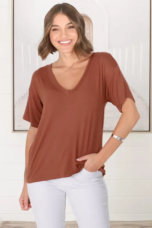 Madi T-Shirt - V Neck Short Sleeve Stretchy Tee in Rust sold by Salty Crush