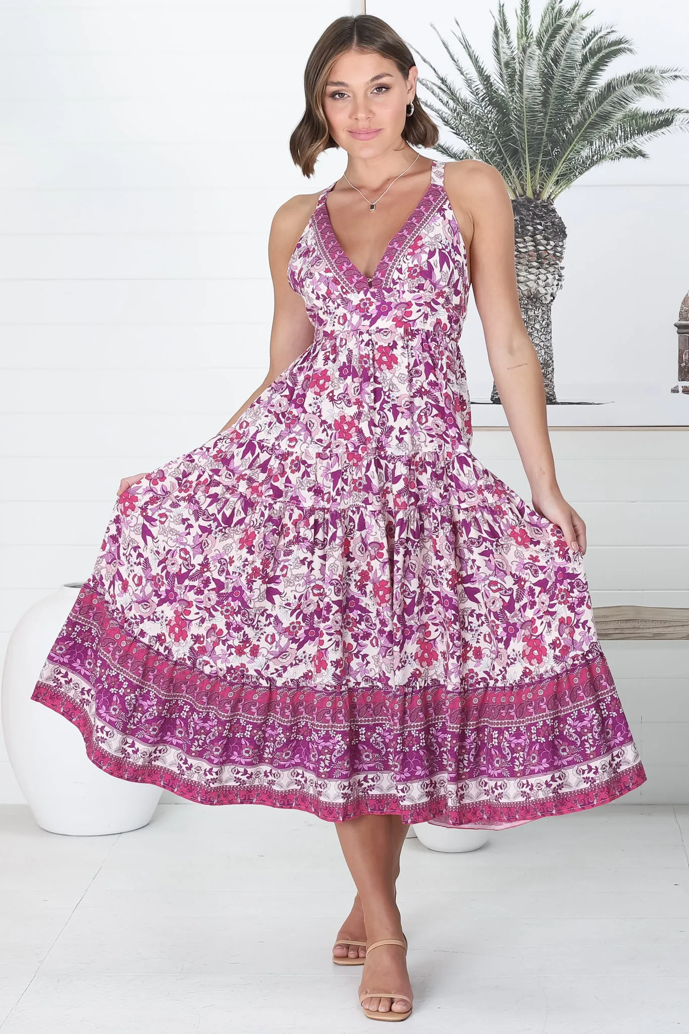 Serina Midi Dress - V Neck Halter Sun Dress in Floral Print sold by Salty Crush product image thumbnail 3