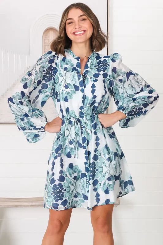 Danny Mini Dress - Mandarin Collar Buttoned Down Dress in Calea Blue sold by Salty Crush