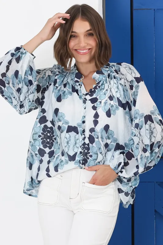 Portia Blouse - Button Down Lace Detail Shirt in Calea Blue Print sold by Salty Crush