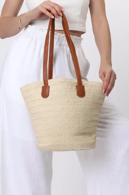 Monika Woven Straw Tote Bag - Beige sold by Salty Crush