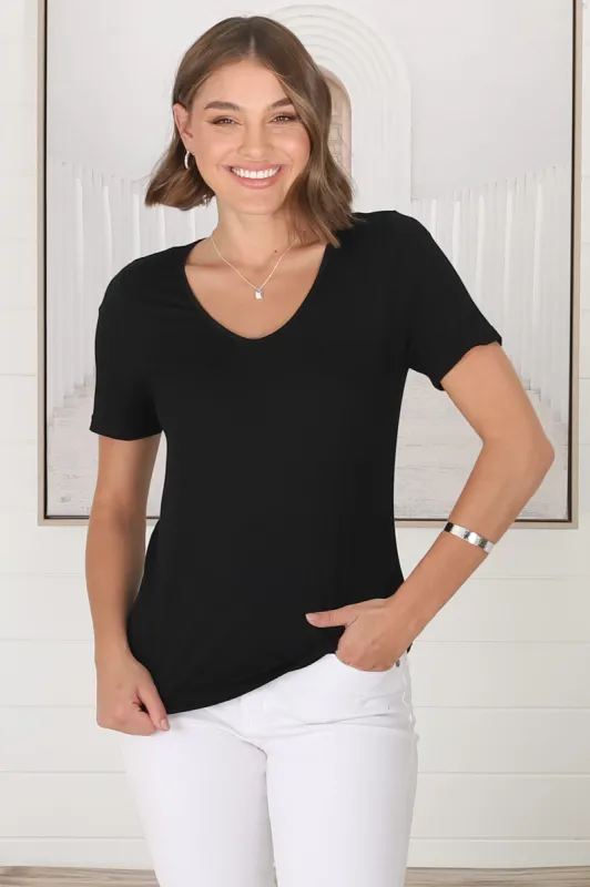 Mia T-Shirt - Soft V Neck Stretchy Tee in Black sold by Salty Crush