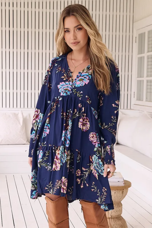 Tracey Mini Dress - Long Ballon Sleeve Dress with Waist Tie in Botanica Print sold by Salty Crush