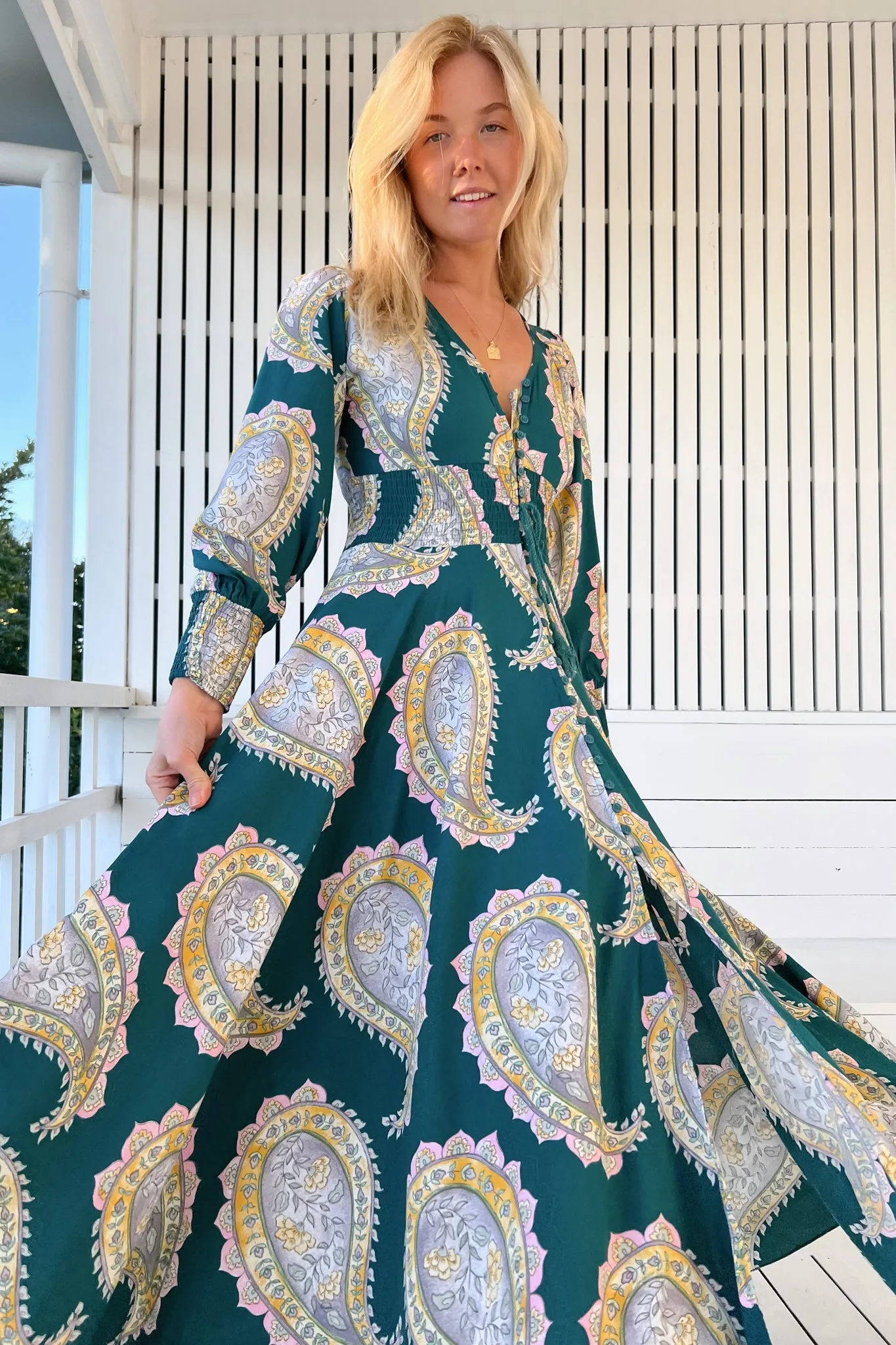 JAASE - Indie Maxi Dress: A-Line Long Sleeve Dress with Handkerchief Hem in Mahala Print sold by Salty Crush product image thumbnail 5