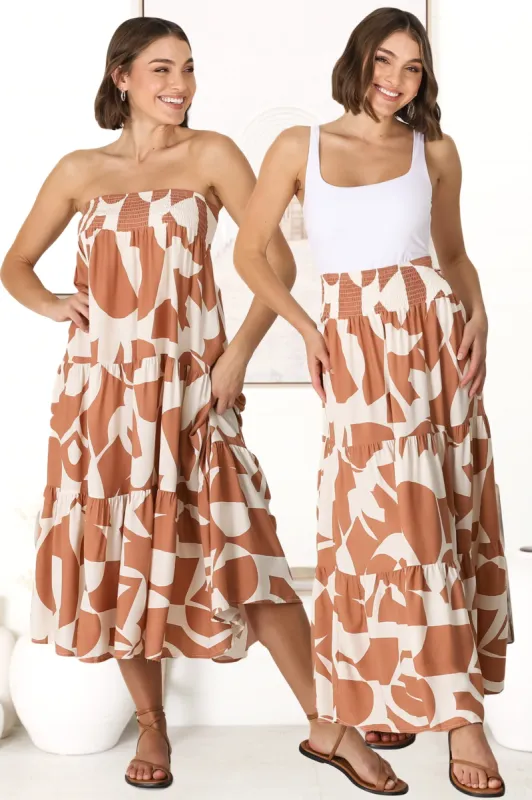 Azira Maxi Skirt/Midi Dress - Shirred Waistband Tiered Skirt or Dress in Rust sold by Salty Crush