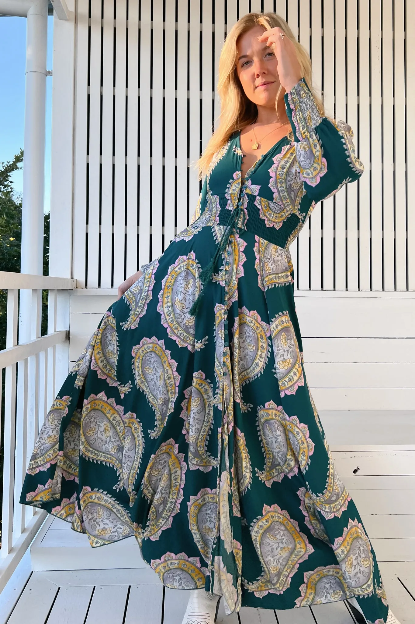 JAASE - Indie Maxi Dress: A-Line Long Sleeve Dress with Handkerchief Hem in Mahala Print sold by Salty Crush