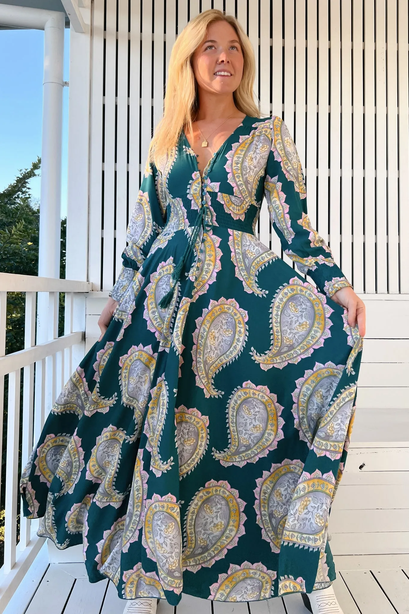 JAASE - Indie Maxi Dress: A-Line Long Sleeve Dress with Handkerchief Hem in Mahala Print sold by Salty Crush product image thumbnail 3