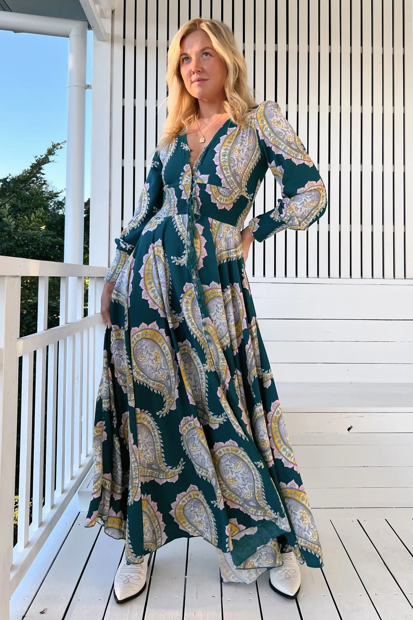 JAASE - Indie Maxi Dress: A-Line Long Sleeve Dress with Handkerchief Hem in Mahala Print sold by Salty Crush product image thumbnail 2