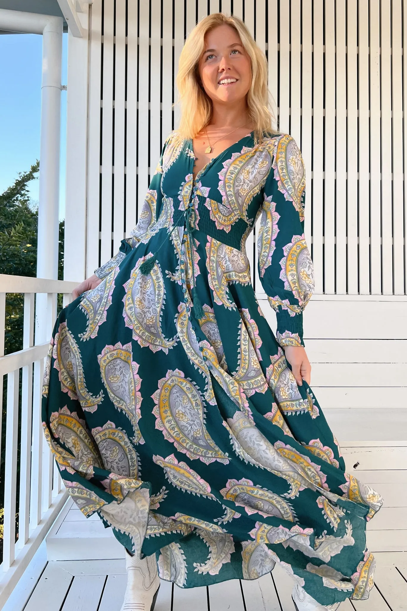 JAASE - Indie Maxi Dress: A-Line Long Sleeve Dress with Handkerchief Hem in Mahala Print sold by Salty Crush product image thumbnail 4