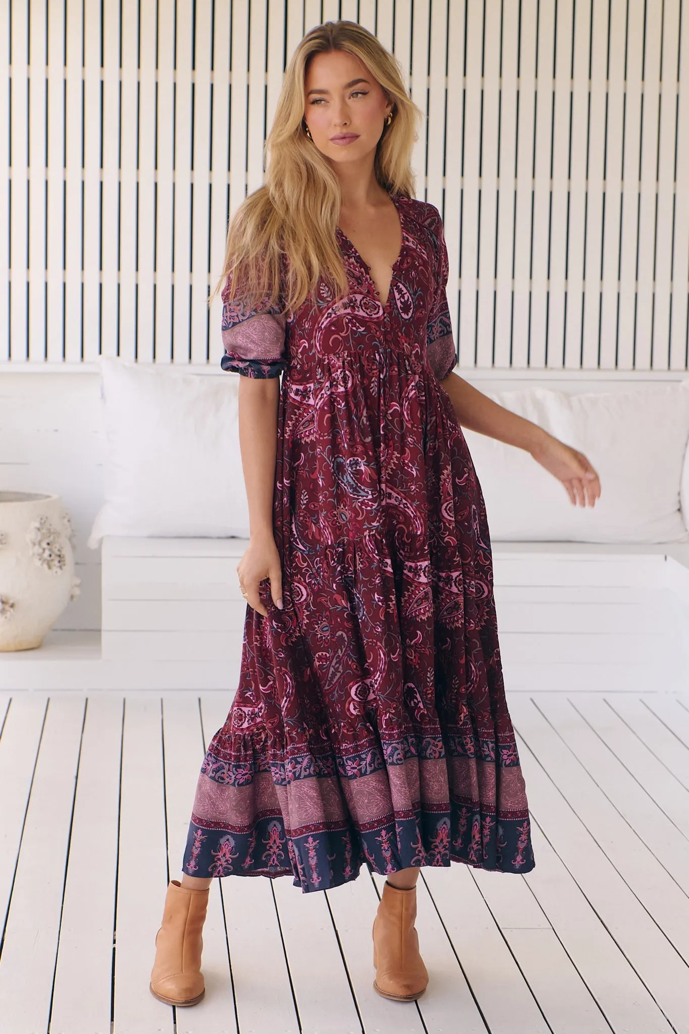 JAASE - Eve Midi Dress: V Neck Tiered Dress with Waist Tie in Sadie Print sold by Salty Crush product image thumbnail 4