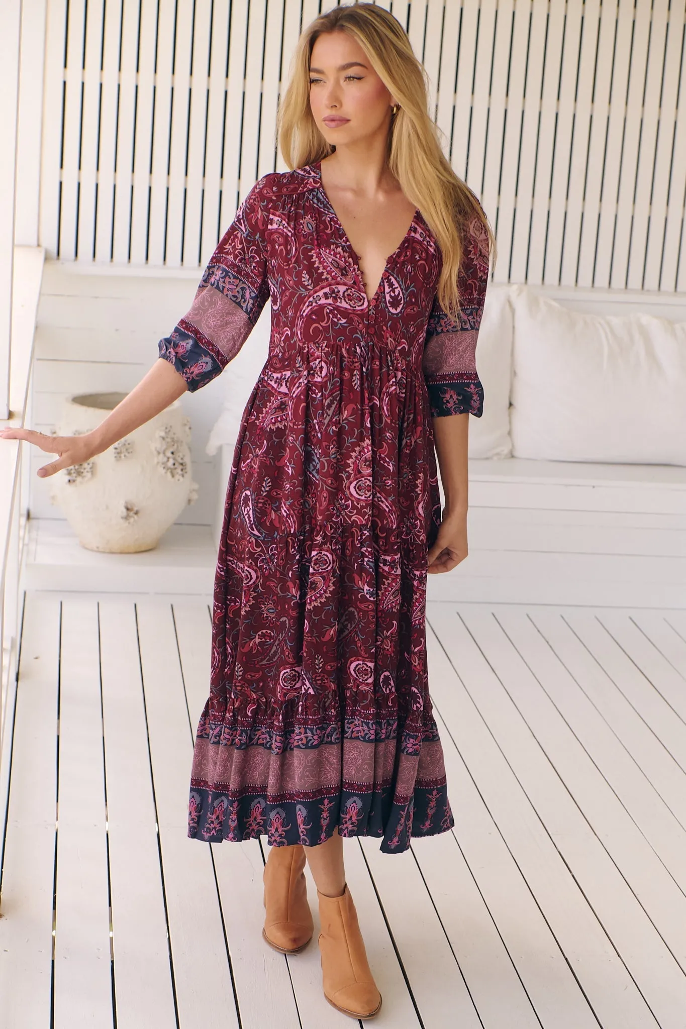 JAASE - Eve Midi Dress: V Neck Tiered Dress with Waist Tie in Sadie Print sold by Salty Crush product image thumbnail 2