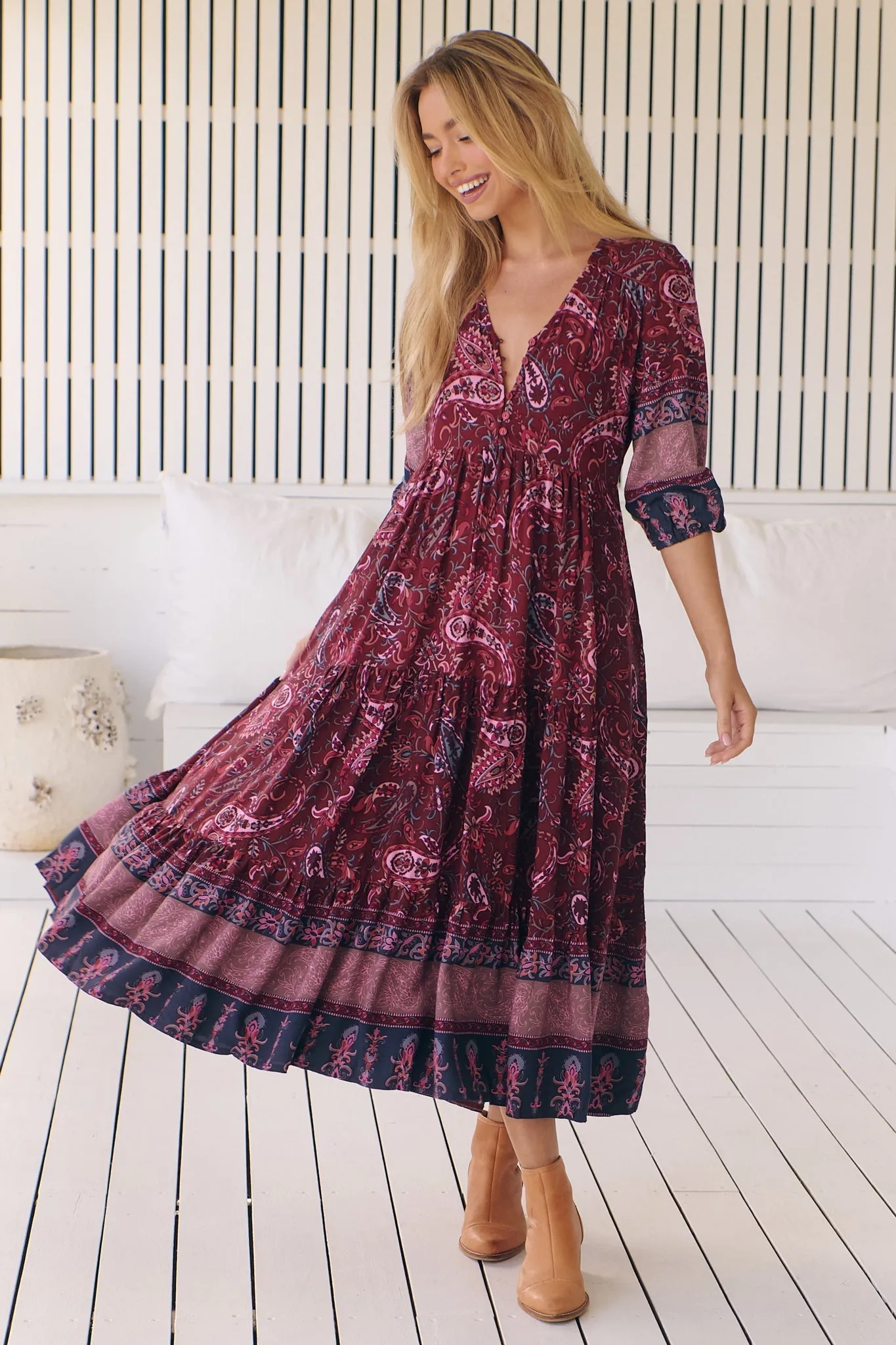 JAASE - Eve Midi Dress: V Neck Tiered Dress with Waist Tie in Sadie Print sold by Salty Crush product image thumbnail 5