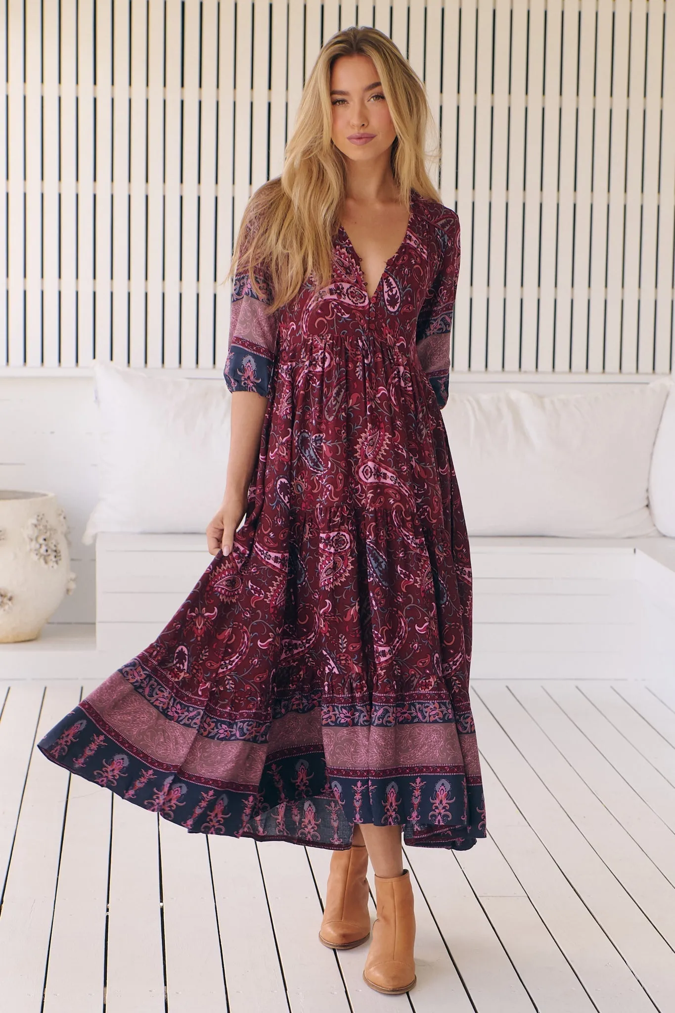 JAASE - Eve Midi Dress: V Neck Tiered Dress with Waist Tie in Sadie Print sold by Salty Crush product image thumbnail 3