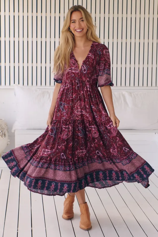JAASE - Eve Midi Dress: V Neck Tiered Dress with Waist Tie in Sadie Print sold by Salty Crush