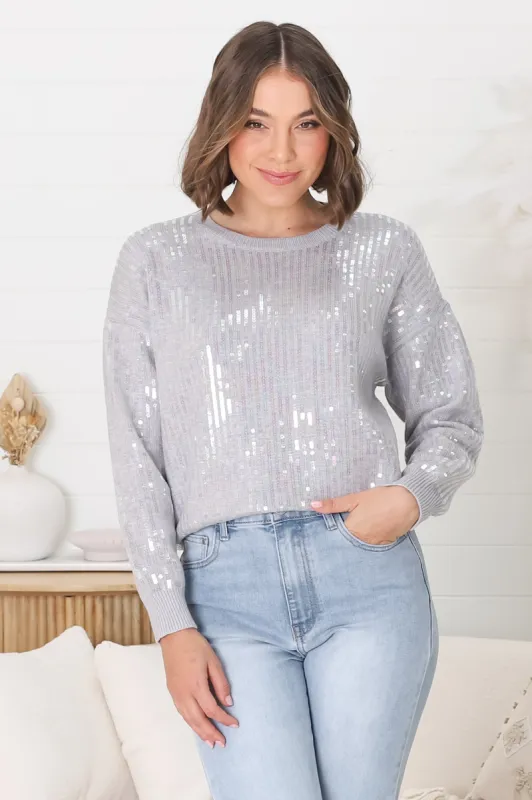 Sugar Jumper - Crew Neck Sequin Decal Jumper in Grey sold by Salty Crush