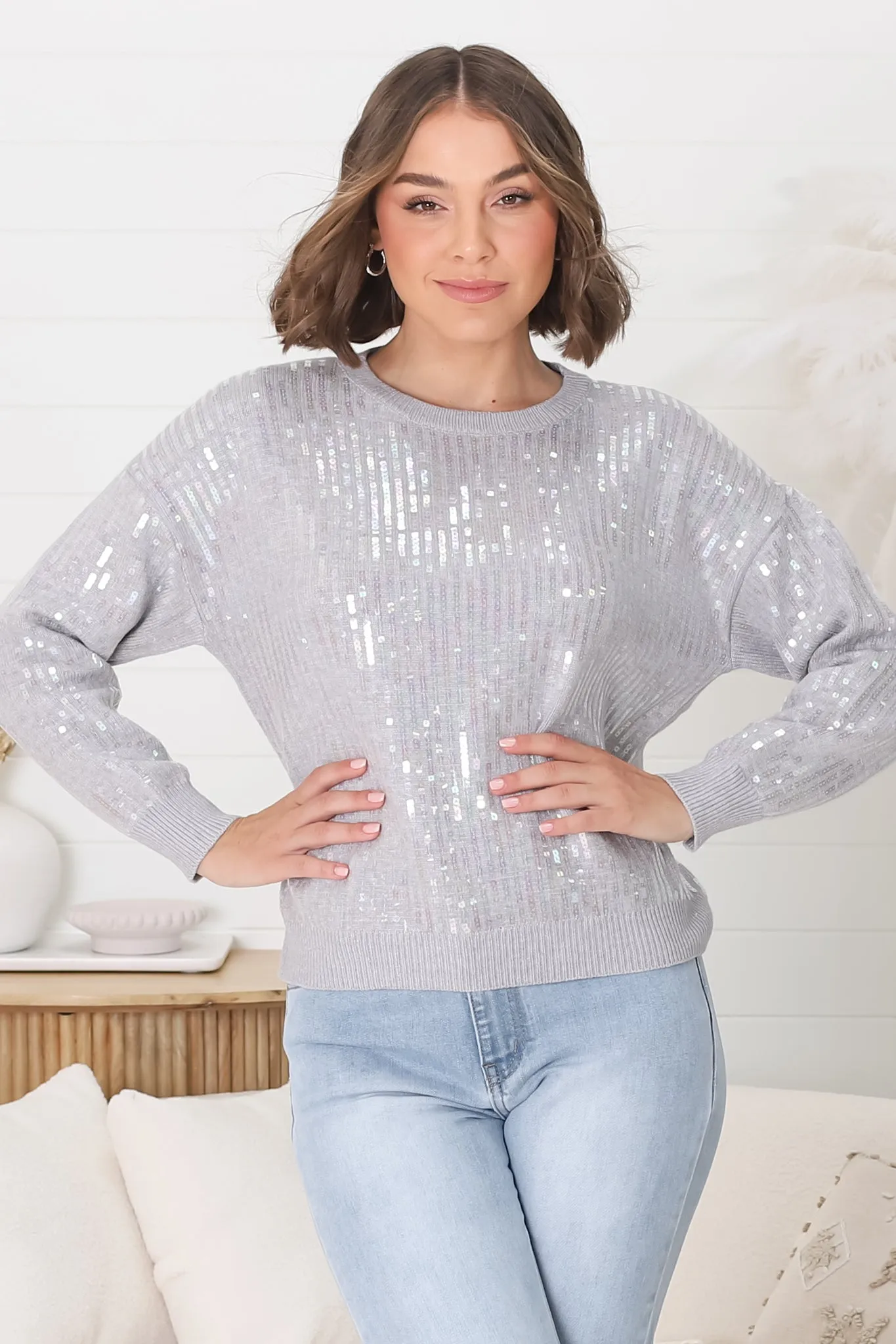 Sugar Jumper - Crew Neck Sequin Decal Jumper in Grey sold by Salty Crush product image thumbnail 5