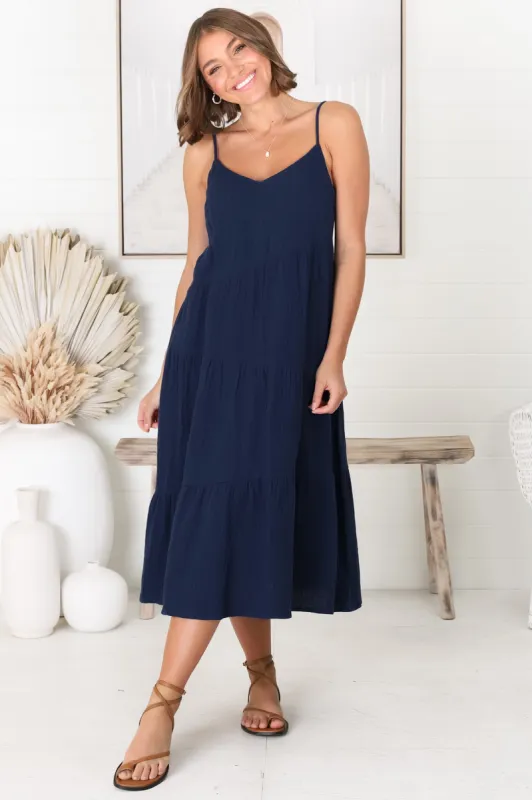 Rinley Midi Dress - Adjustable Strap Tiered Dress in Navy sold by Salty Crush