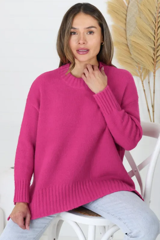 Sammy Jumper - Crew Neck Ribbed Shark Bite Hemline Jumper in Hot Pink sold by Salty Crush