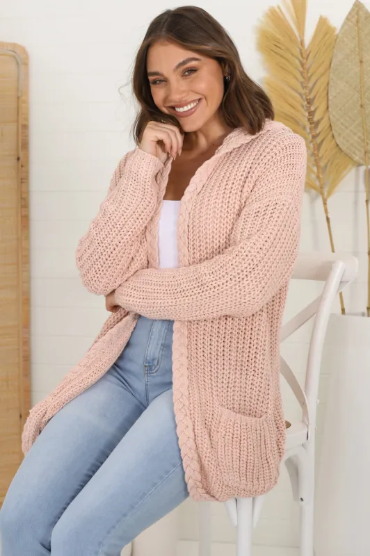 Chase Cardigan - Cable Knit Hooded Cardigan in Pink sold by Salty Crush