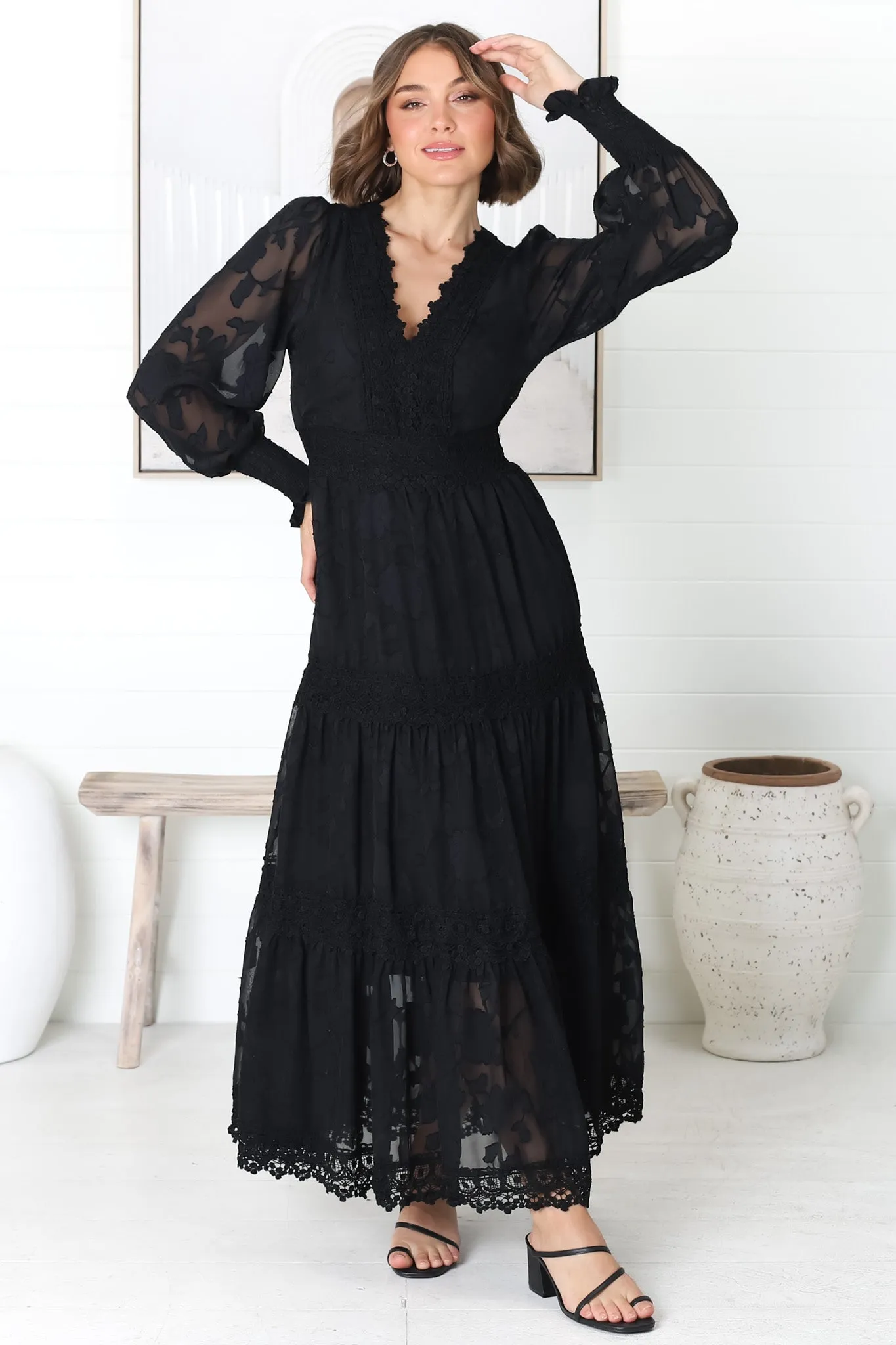 high neck lace patchwork slit tulle hem maxi dresses-black Black Sleeveless Lace Up Sides Double Slit Maxi Dress