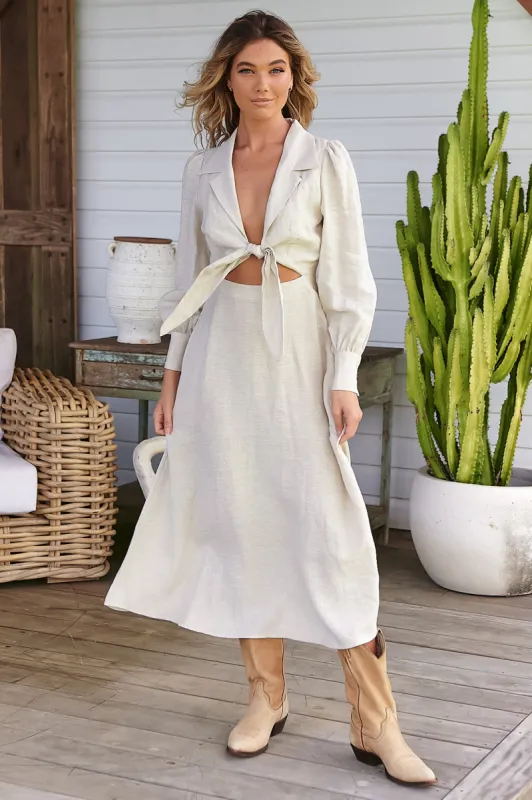 JAASE - Jules Midi Dress: Collared Cut Out Tie at Bust A Line Linen Dress in Natural sold by Salty Crush