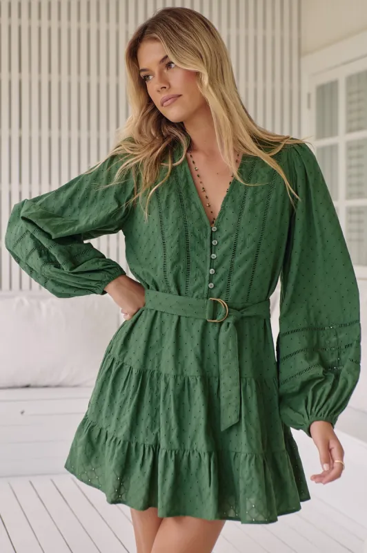 JAASE - Jayde Mini Dress: Emroidered A Line Dress with Tiered Skirt in Pine sold by Salty Crush