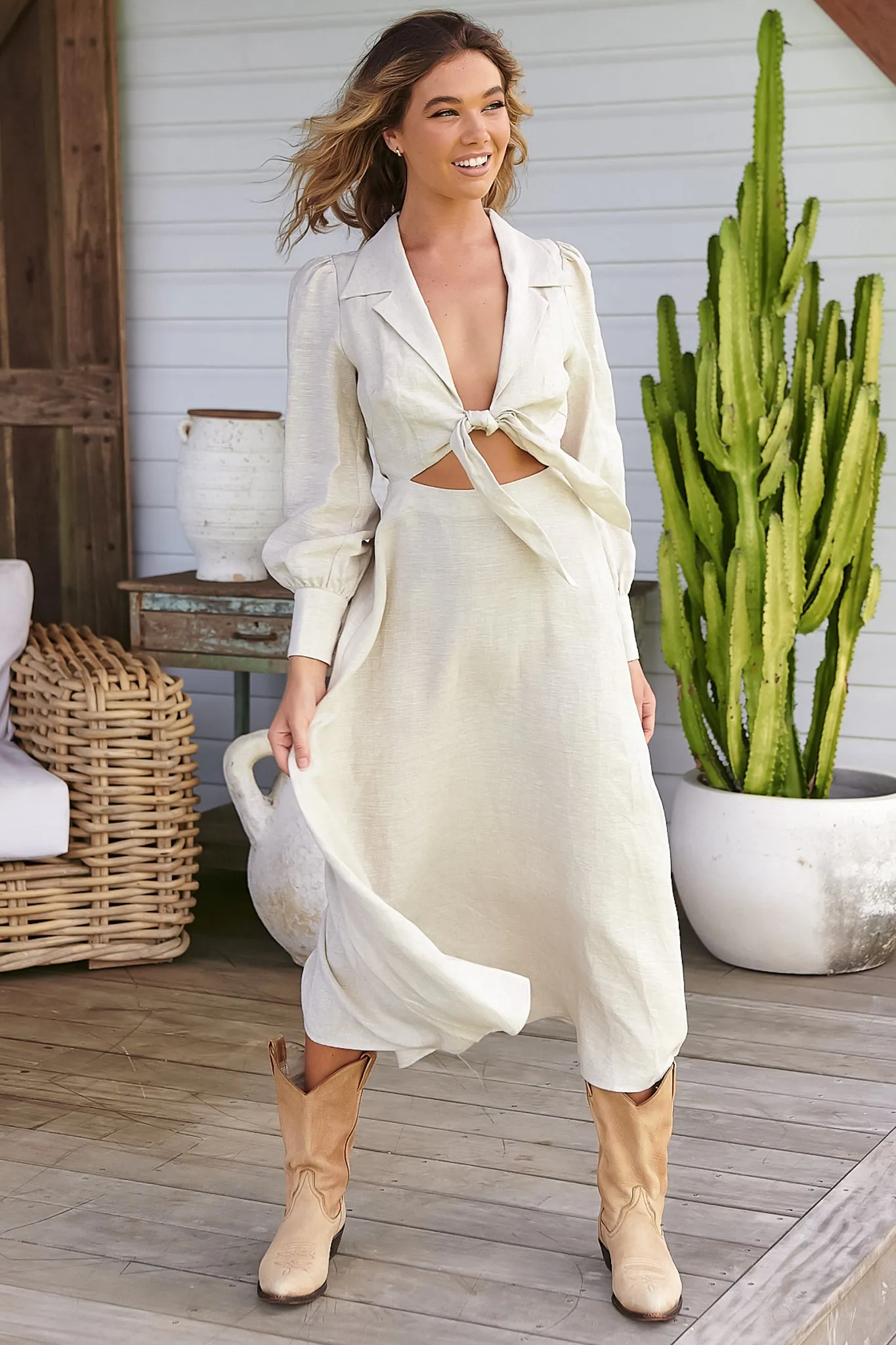 JAASE - Jules Midi Dress: Collared Cut Out Tie at Bust A Line Linen Dress in Natural sold by Salty Crush product image thumbnail 3