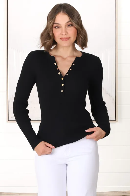 Emilia Knit Top - Gold Button Neckline Ribbed Top in Black sold by Salty Crush