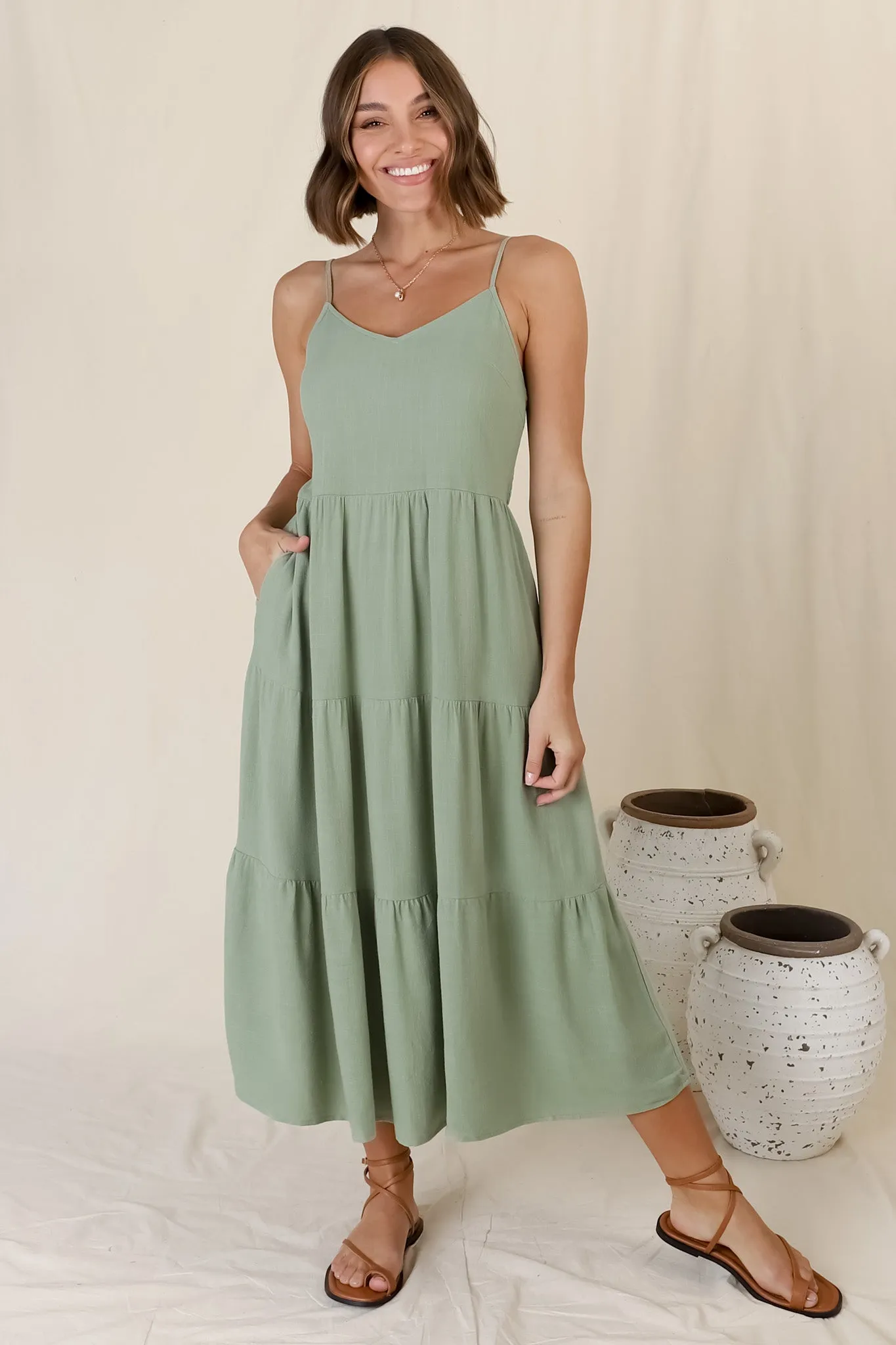 Arlowe Midi Dress - Soft V Neckline Tiered Linen Sun Dress in Sage sold by Salty Crush product image thumbnail 4
