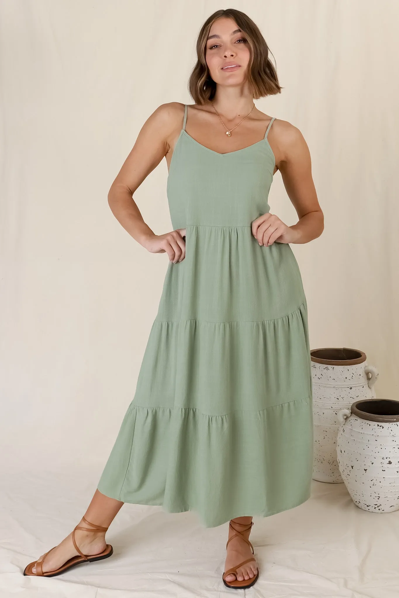 Arlowe Midi Dress - Soft V Neckline Tiered Linen Sun Dress in Sage sold by Salty Crush product image thumbnail 5