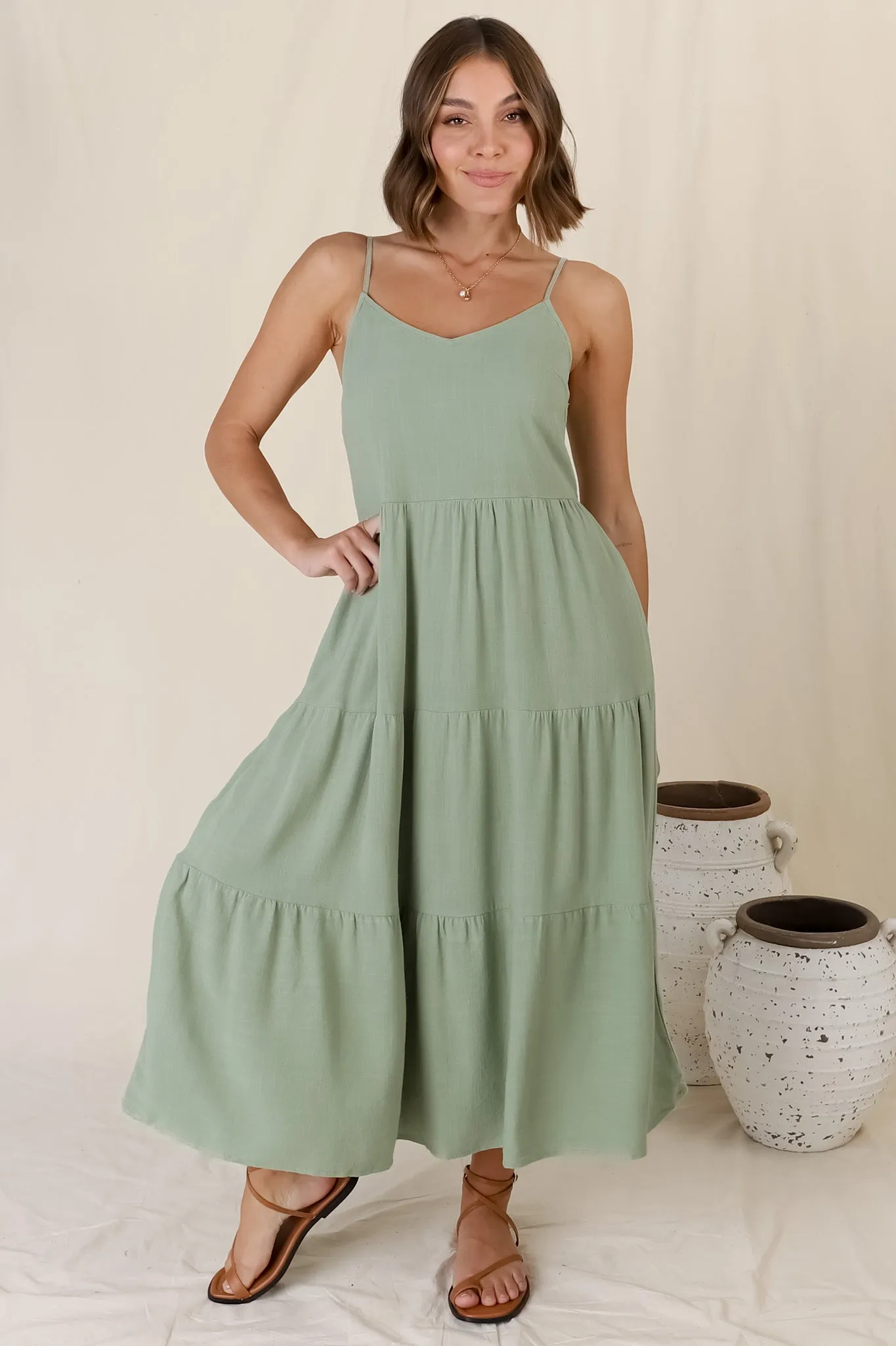 Arlowe Midi Dress - Soft V Neckline Tiered Linen Sun Dress in Sage sold by Salty Crush product image thumbnail 2