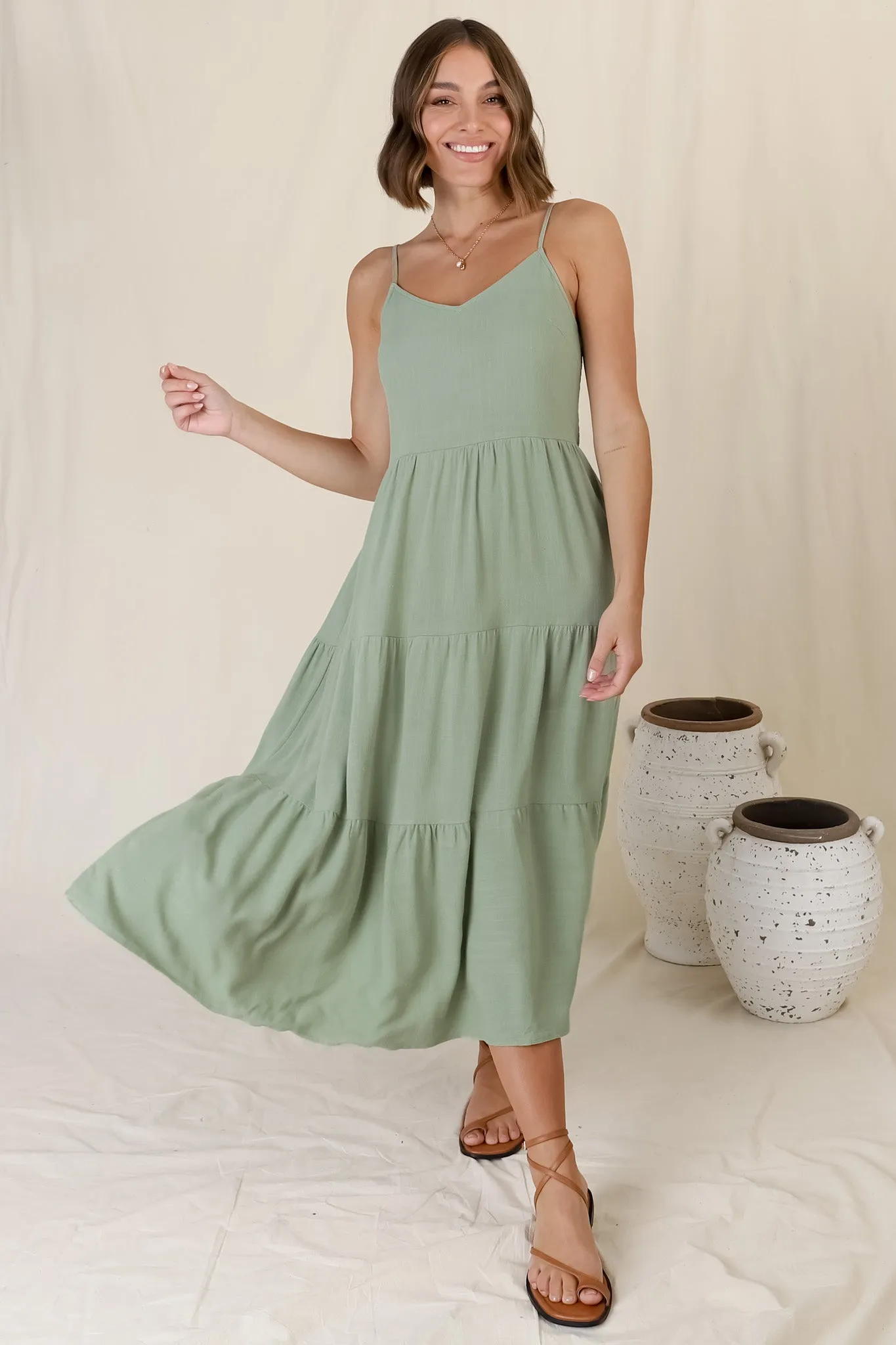 Arlowe Midi Dress - Soft V Neckline Tiered Linen Sun Dress in Sage sold by Salty Crush