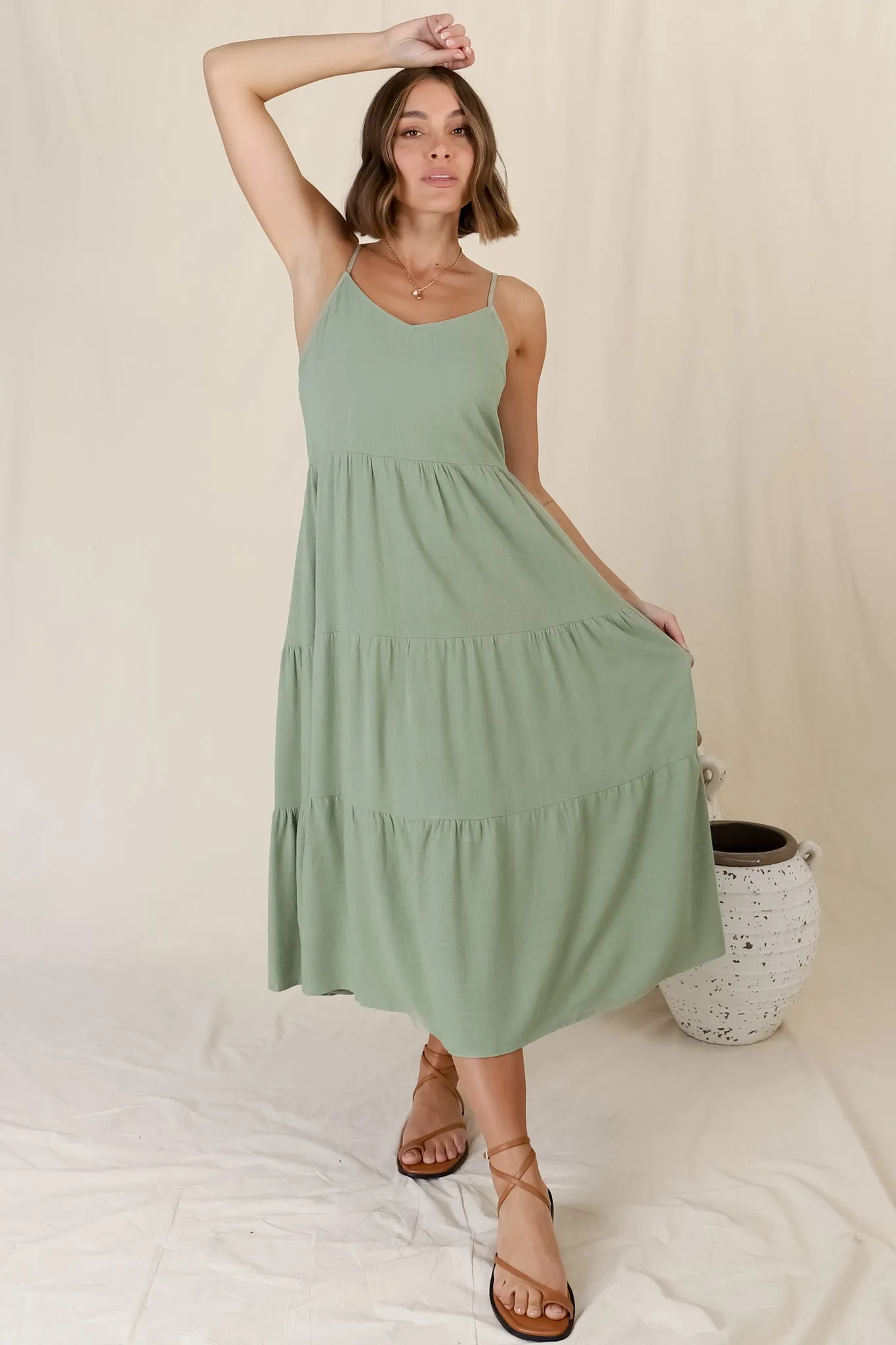 Arlowe Midi Dress - Soft V Neckline Tiered Linen Sun Dress in Sage sold by Salty Crush product image thumbnail 3