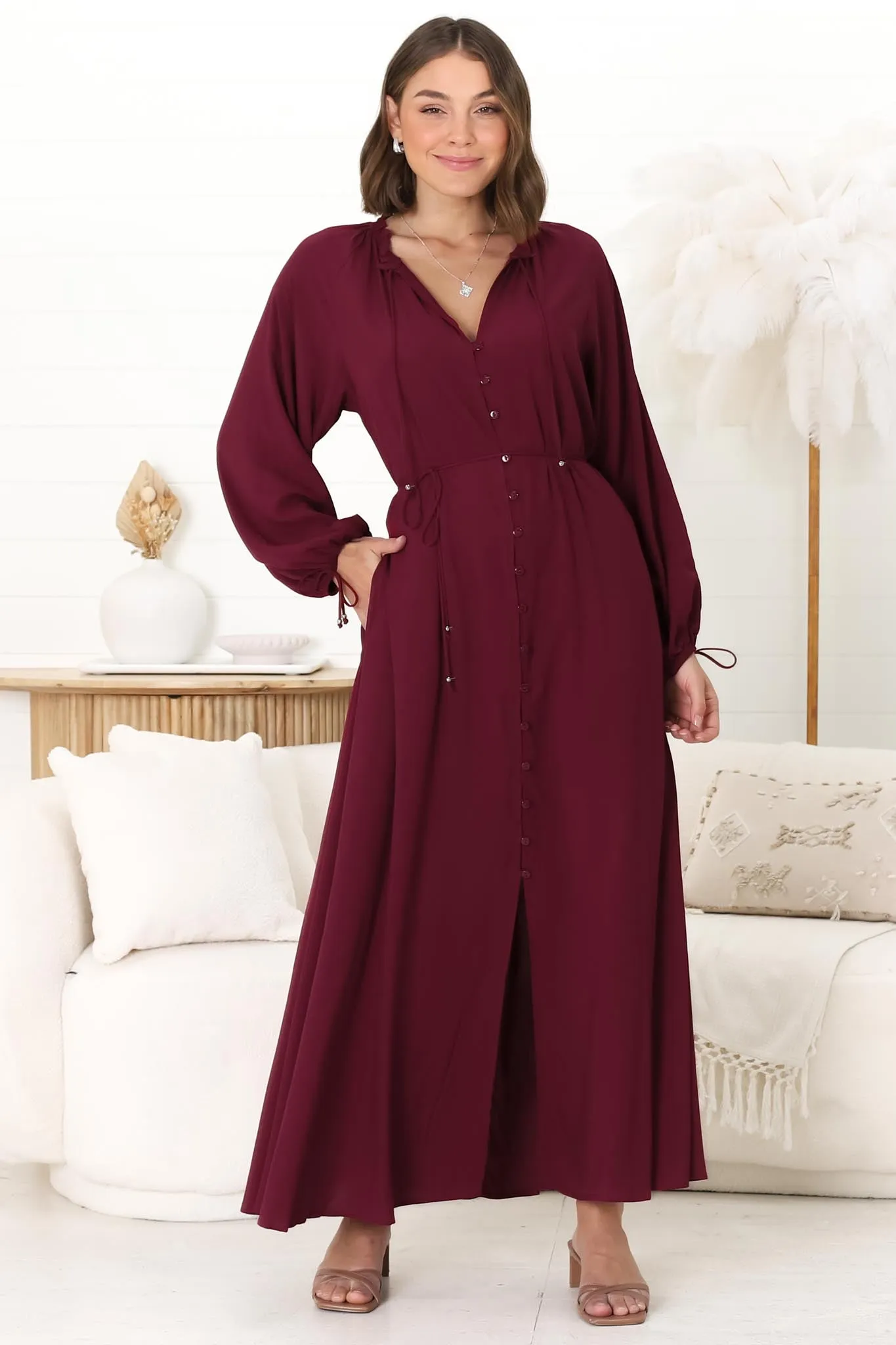 Amelie Maxi Dress - Frill Collar Button Through Dress with Waist Tie in Wine sold by Salty Crush product image thumbnail 3