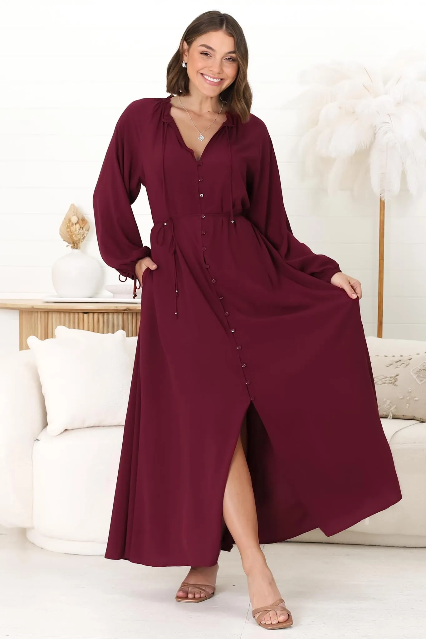 Amelie Maxi Dress - Frill Collar Button Through Dress with Waist Tie in Wine sold by Salty Crush