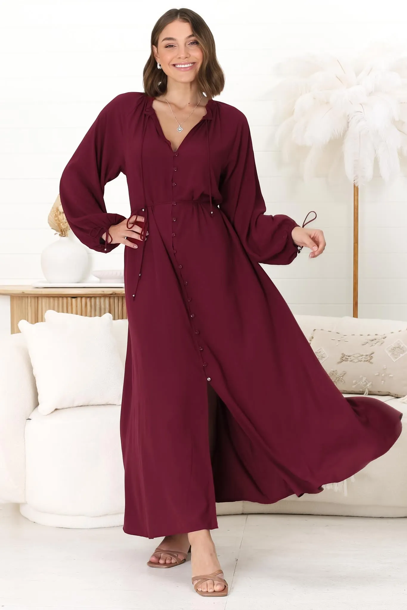 Amelie Maxi Dress - Frill Collar Button Through Dress with Waist Tie in Wine sold by Salty Crush product image thumbnail 2