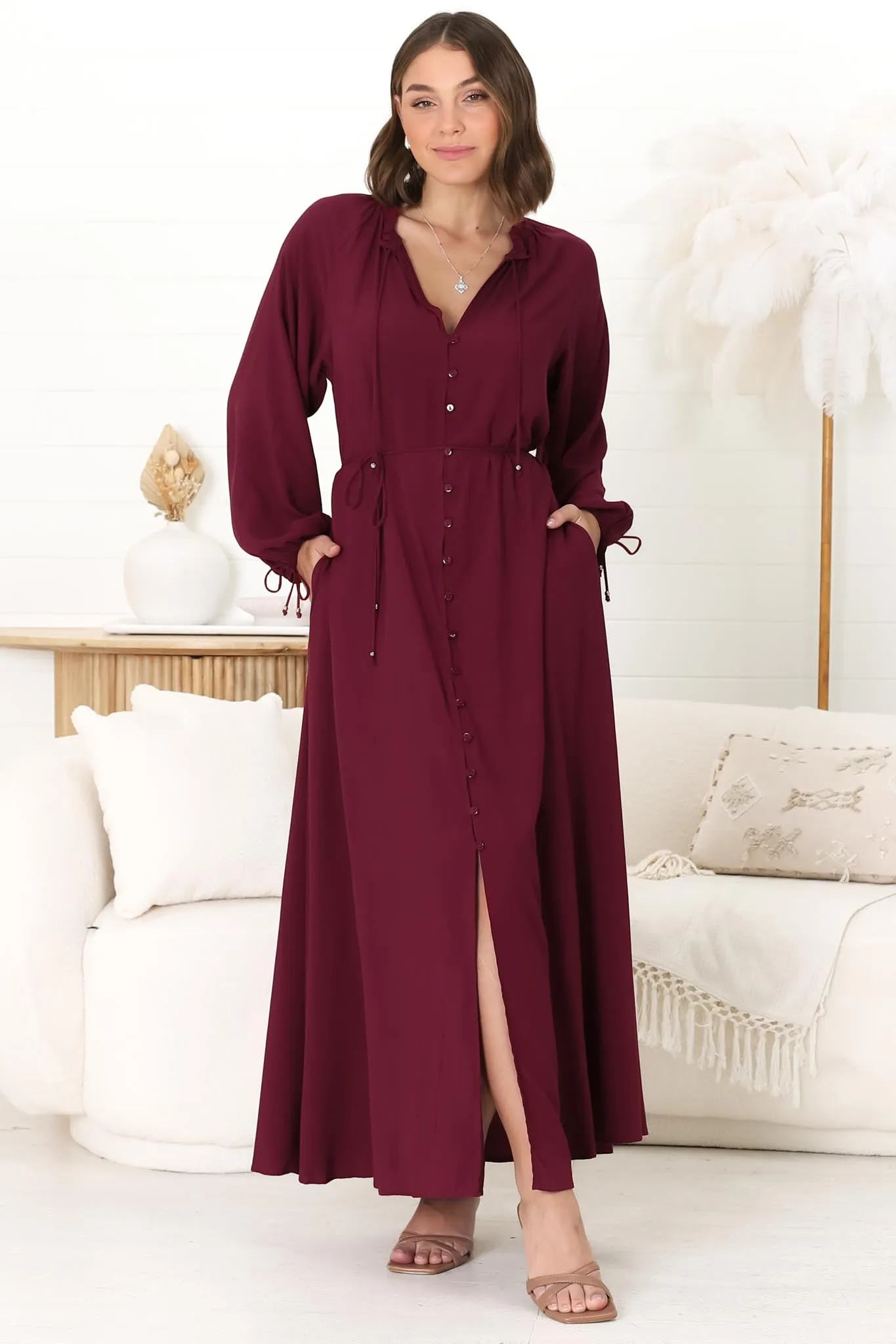 Amelie Maxi Dress - Frill Collar Button Through Dress with Waist Tie in Wine sold by Salty Crush product image thumbnail 4