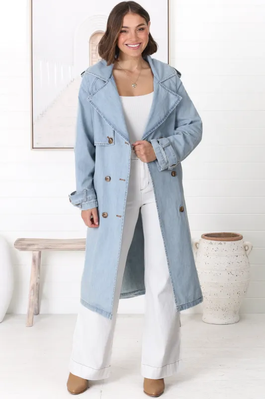 Cruz Denim Trench Coat - Longline Denim Coat with Matching Belt in Light Denim sold by Salty Crush