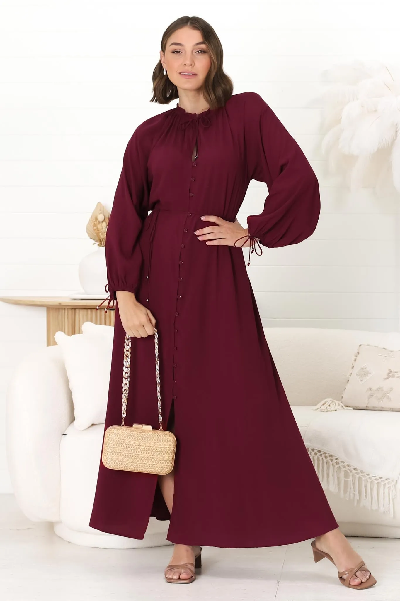 Amelie Maxi Dress - Frill Collar Button Through Dress with Waist Tie in Wine sold by Salty Crush product image thumbnail 5