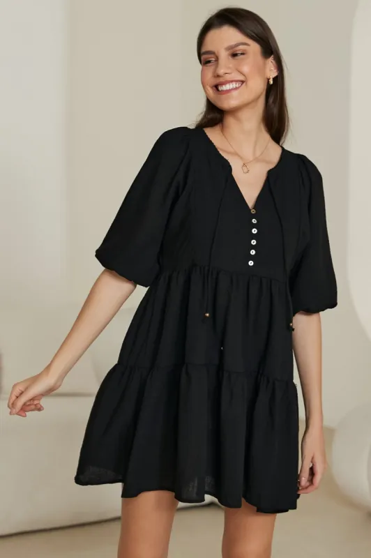 Serenie Mini Dress - Smock Dress with Billow Sleeves in Black sold by Salty Crush