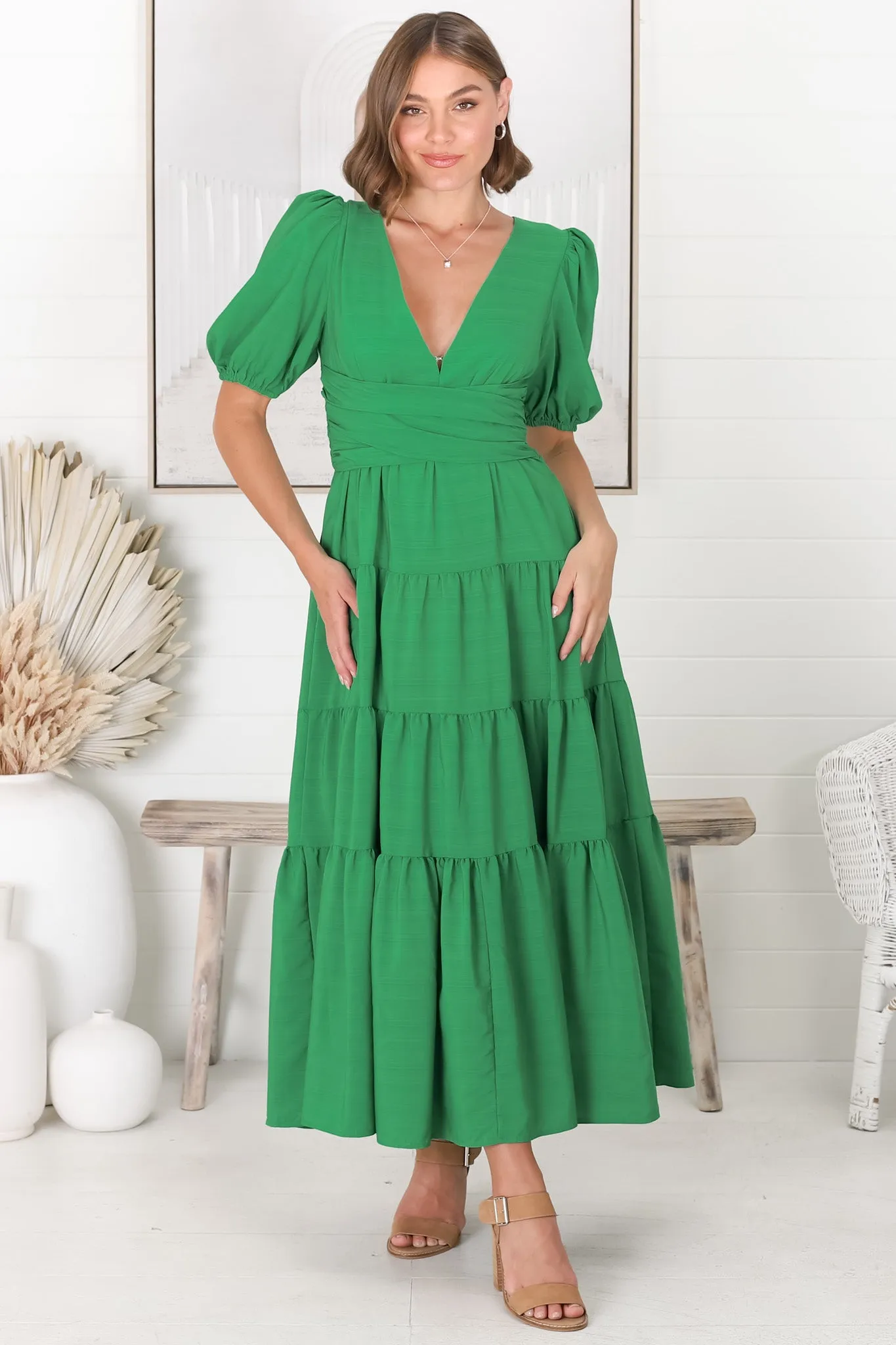 Sarelle Midi Dress - V Neck A Line Pleated Waistline Tiered Dress in Green sold by Salty Crush