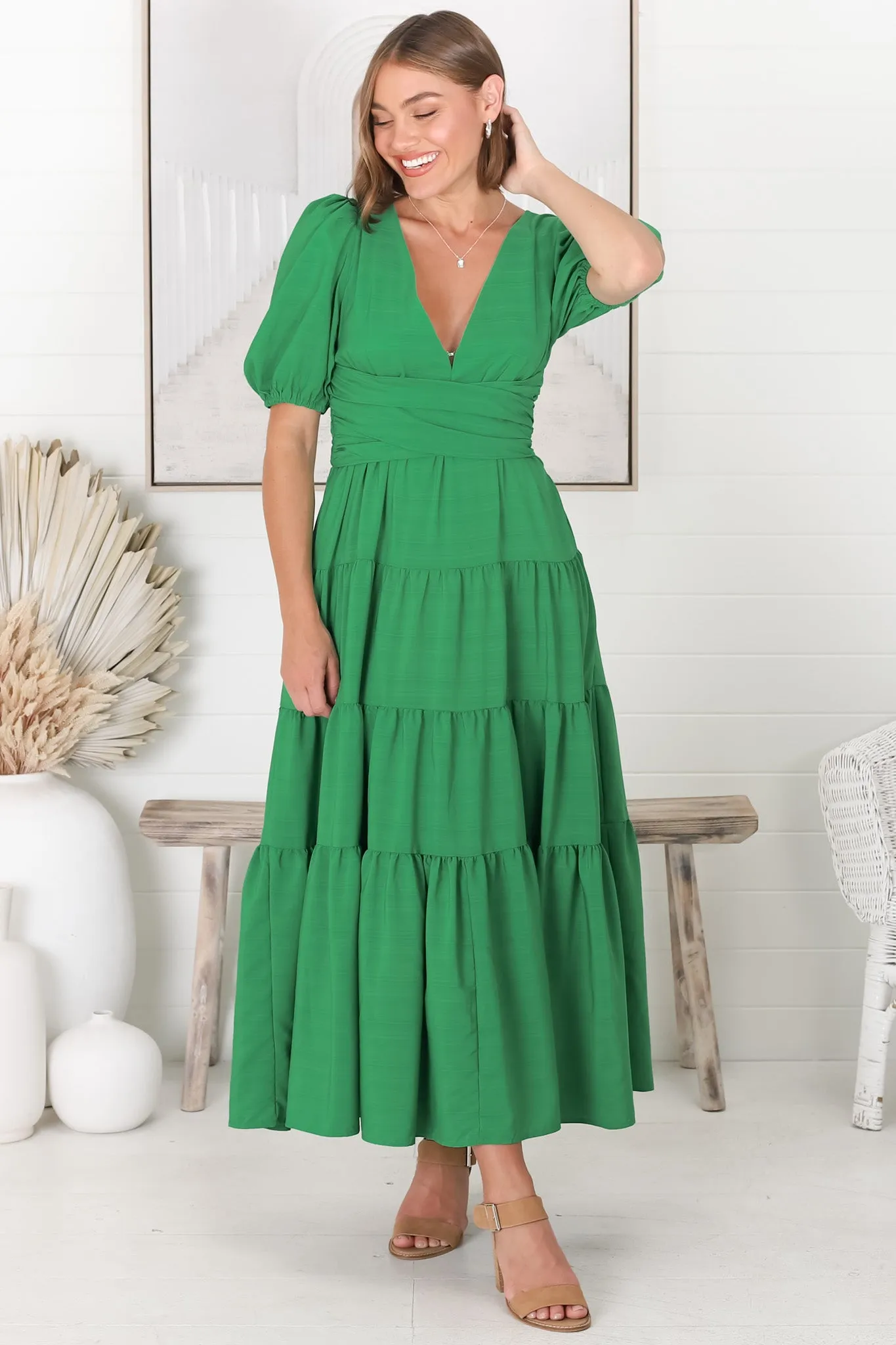 Sarelle Midi Dress - V Neck A Line Pleated Waistline Tiered Dress in Green sold by Salty Crush product image thumbnail 4