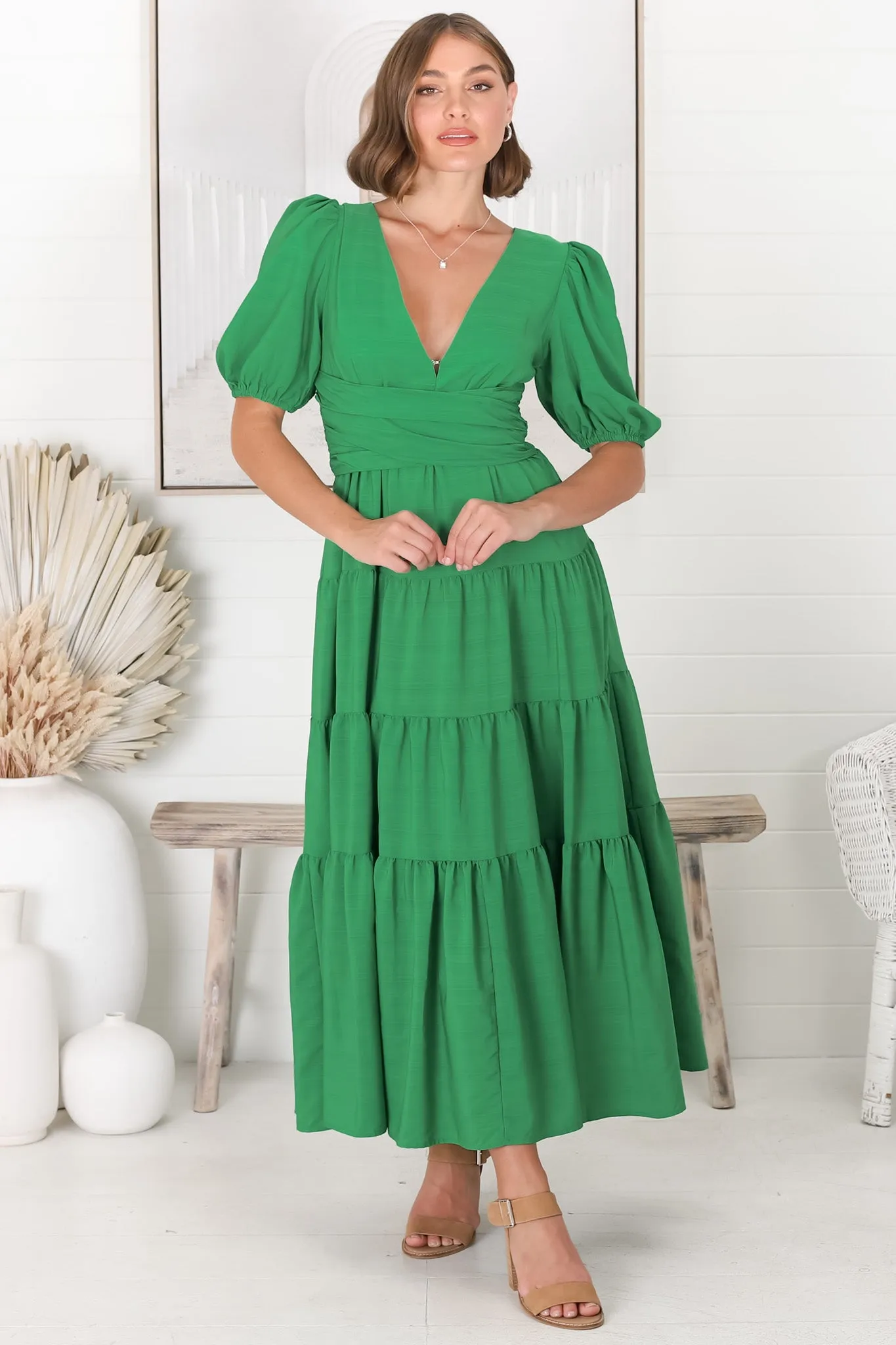Sarelle Midi Dress - V Neck A Line Pleated Waistline Tiered Dress in Green sold by Salty Crush product image thumbnail 5